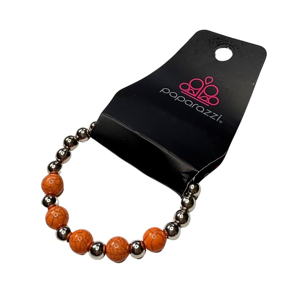 Paparazzi Beaded Stackable Stretch Bracelet Orange Silver Girl's Casual Boho